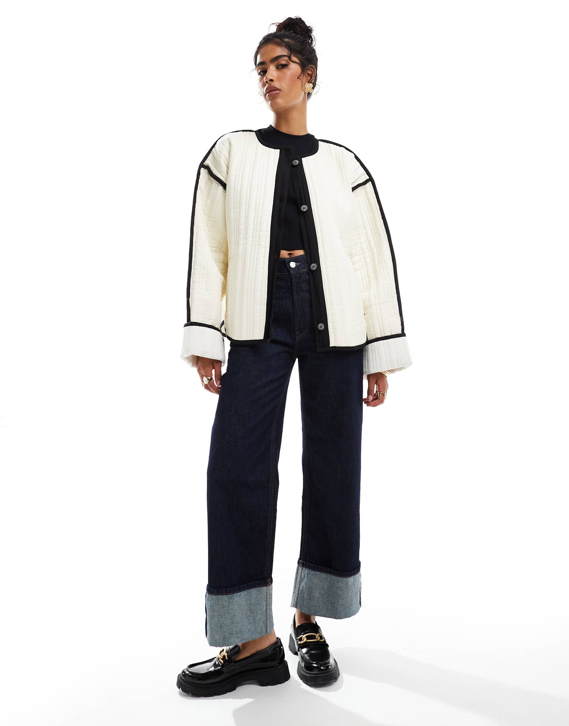 ASOS DESIGN quilted contrast detail jacket in cream