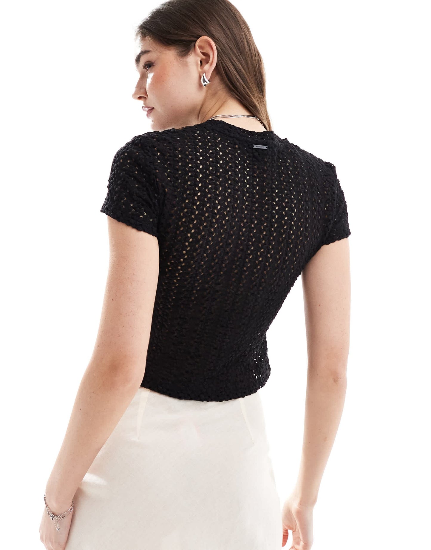 AllSaints Karma Stevie open knit t-shirt in black