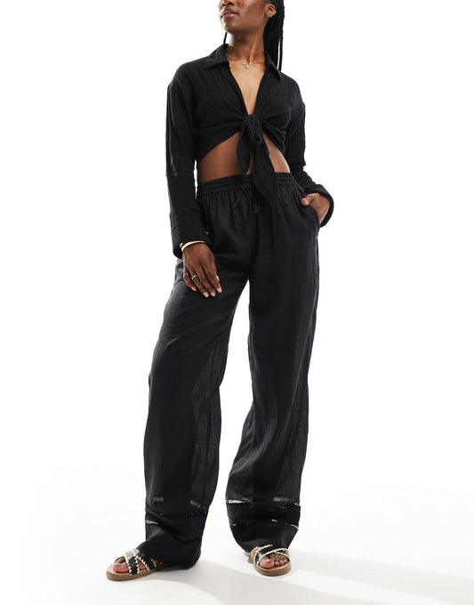 AllSaints Jade linen wide straight trousers in black