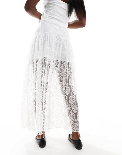 Miss Selfridge lace bow detail tiered maxi skirt in ivory