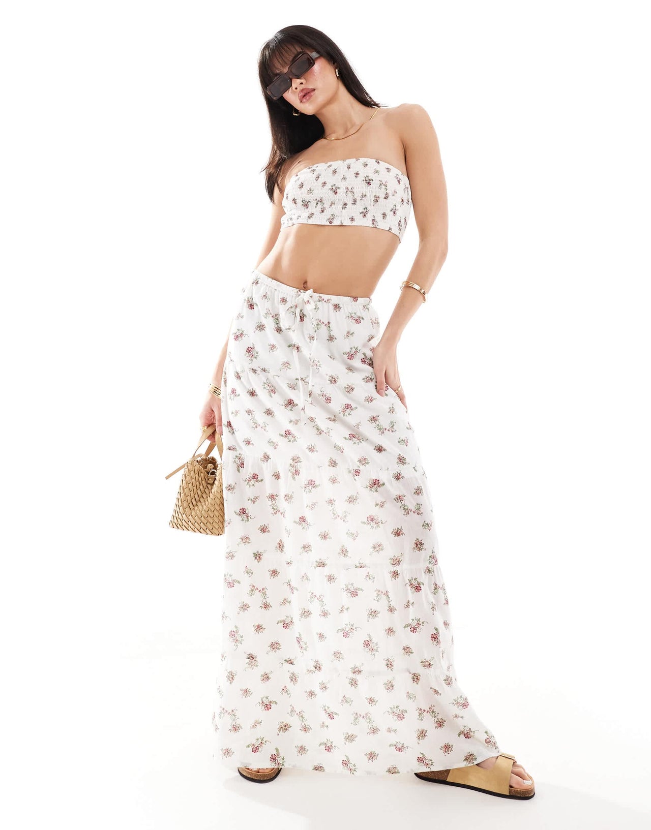 Wednesday's Girl ditsy floral smocked bandeau crop top in white floral