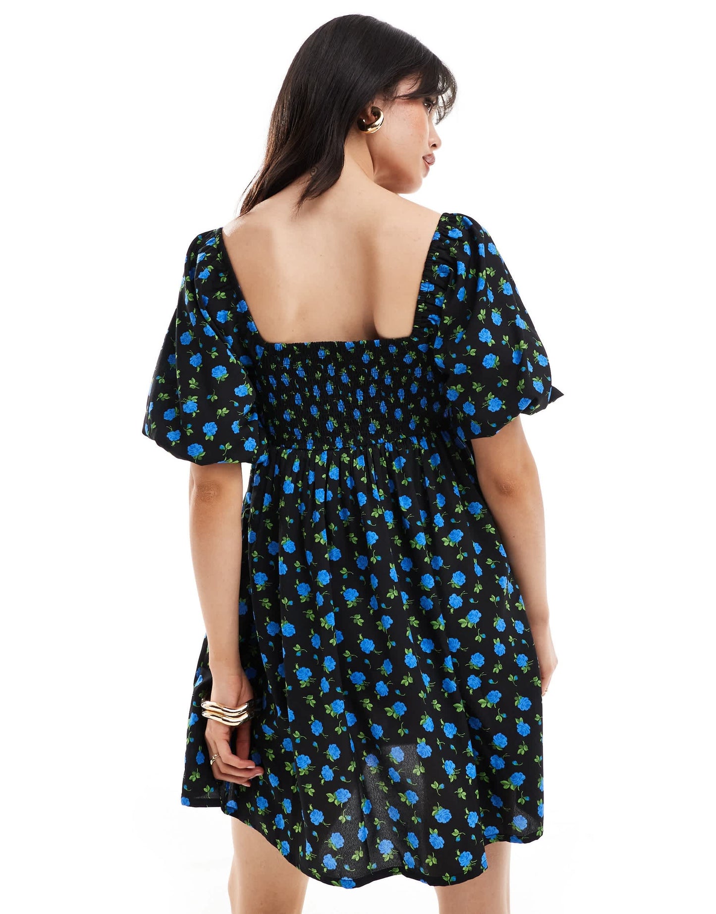 Wednesday's Girl shirred detail ditsy floral mini dress in black