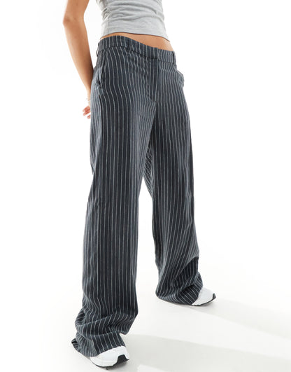 Weekday Emmie linen blend tailored trousers in grey pinstripe