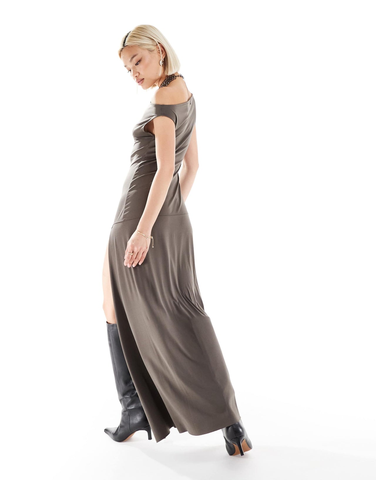 Weekday Lo maxi dress with drape off shoulder and low waist in grey