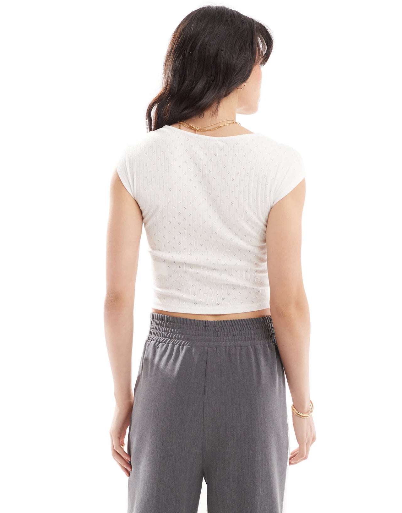 Pull&Bear capped sleeve pointelle detail top in white