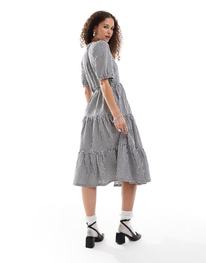 Monki seersucker wrap midi dress with tiered layers in black and white gingham