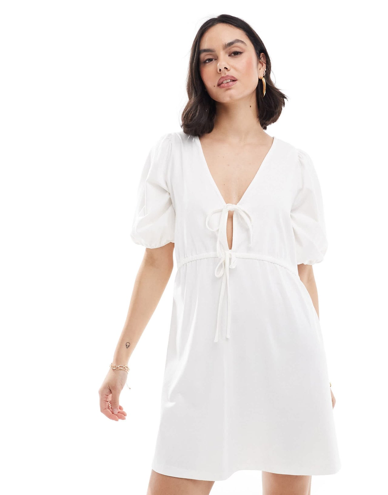 ASOS DESIGN puff sleeve with tie up bodice mini dress in white