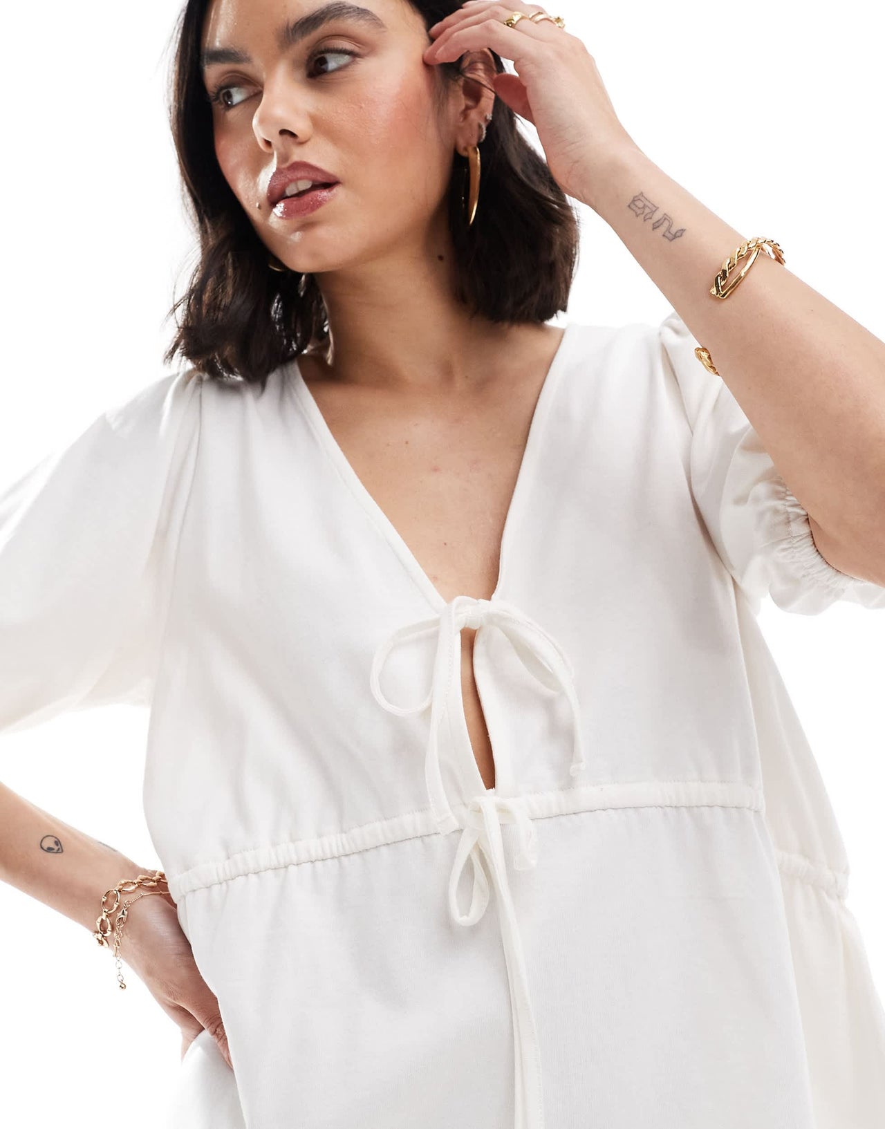 ASOS DESIGN puff sleeve with tie up bodice mini dress in white