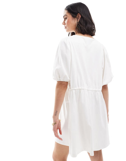 ASOS DESIGN puff sleeve with tie up bodice mini dress in white