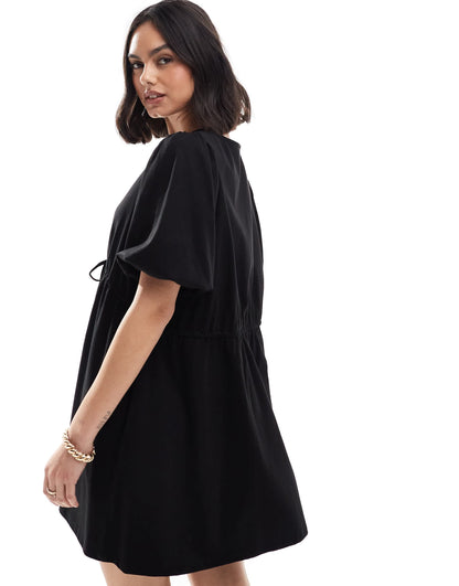 ASOS DESIGN puff sleeve with tie up bodice mini dress in black