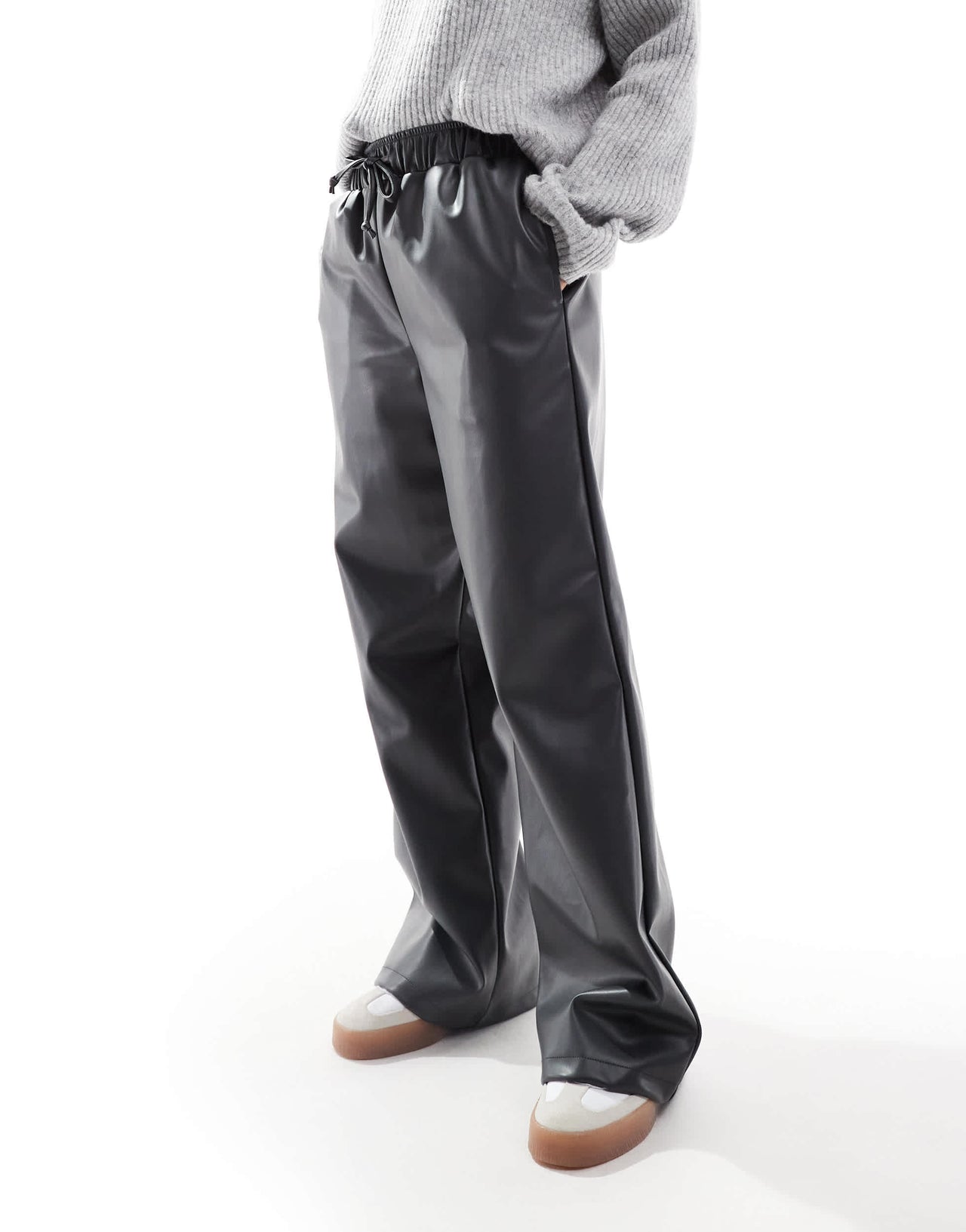 ASOS DESIGN faux leather wide leg pull on trousers in charcoal