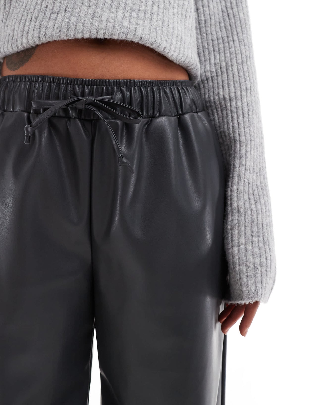 ASOS DESIGN faux leather wide leg pull on trousers in charcoal