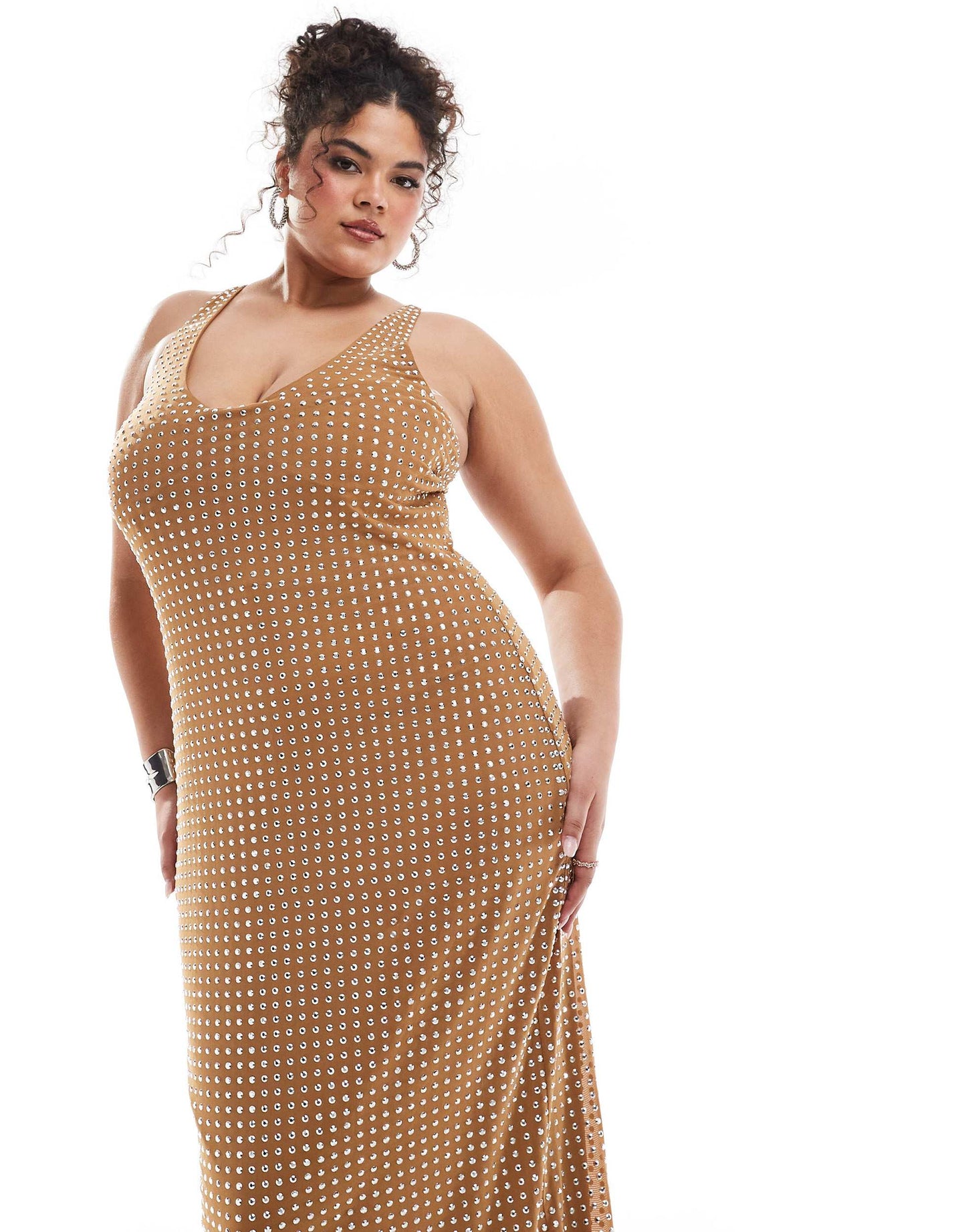 ASOS DESIGN Curve scooped halter neck midi dress in lazercut hotfix in tan