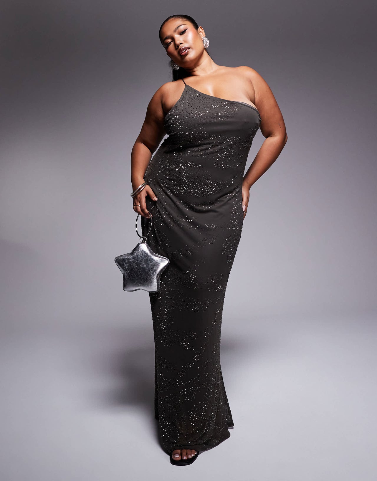 ASOS DESIGN Curve artwork hotfix one shoulder maxi dress with open back in charcoal