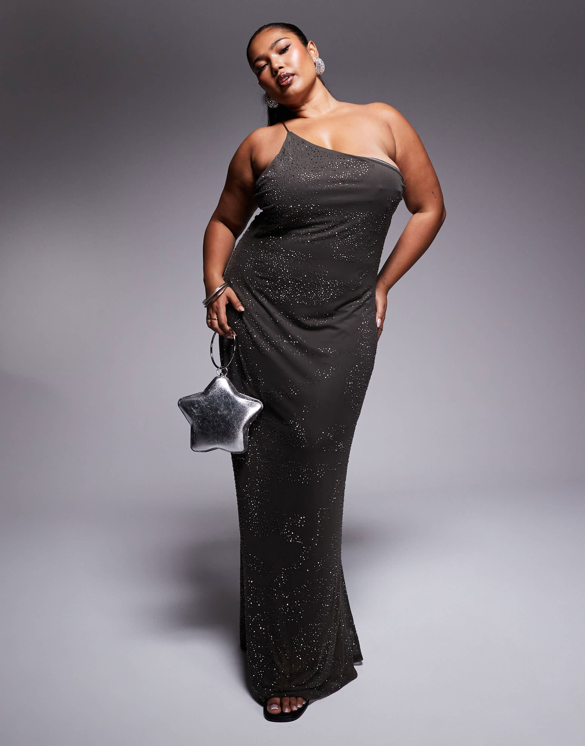 ASOS DESIGN Curve artwork hotfix one shoulder maxi dress with open back in charcoal