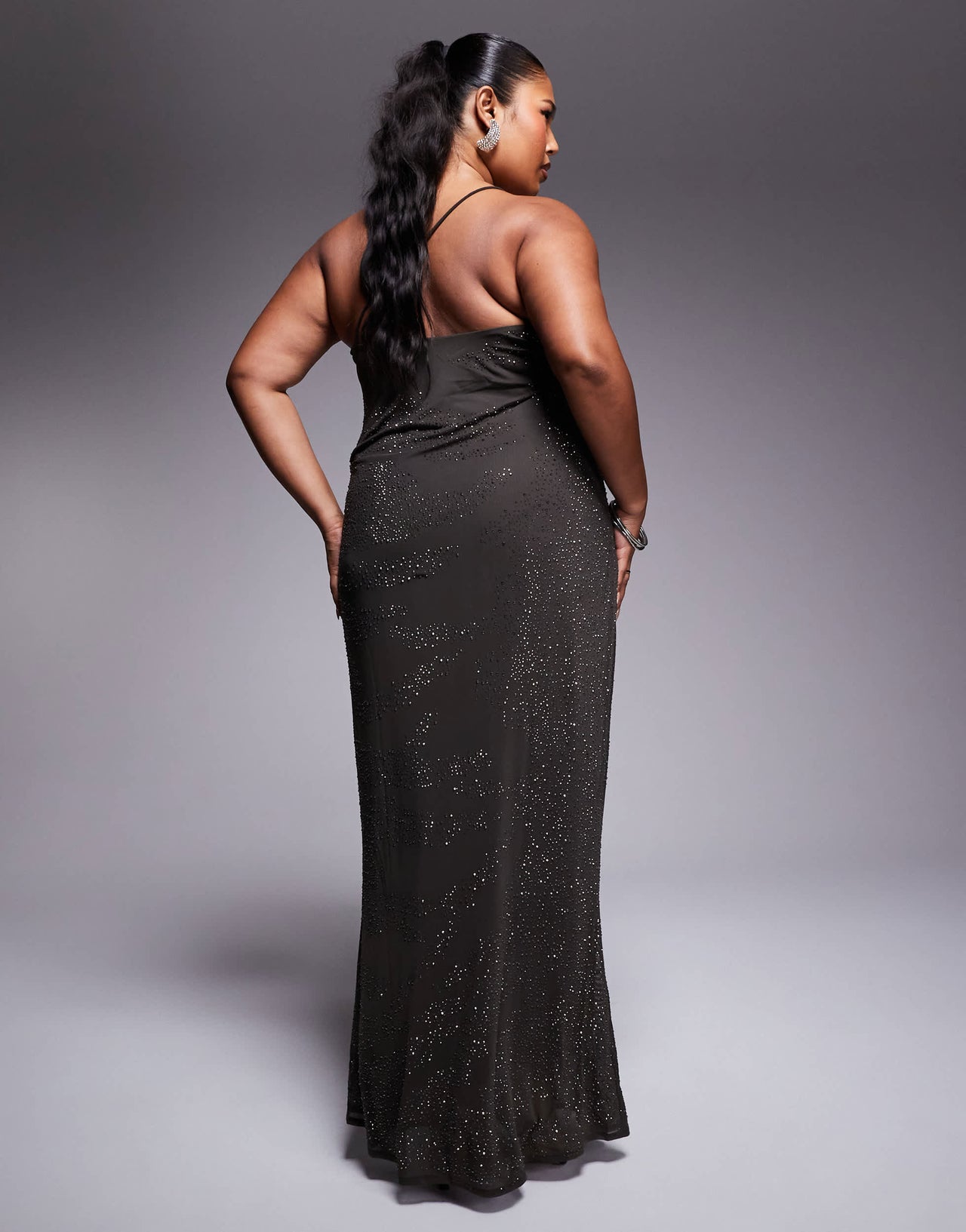 ASOS DESIGN Curve artwork hotfix one shoulder maxi dress with open back in charcoal