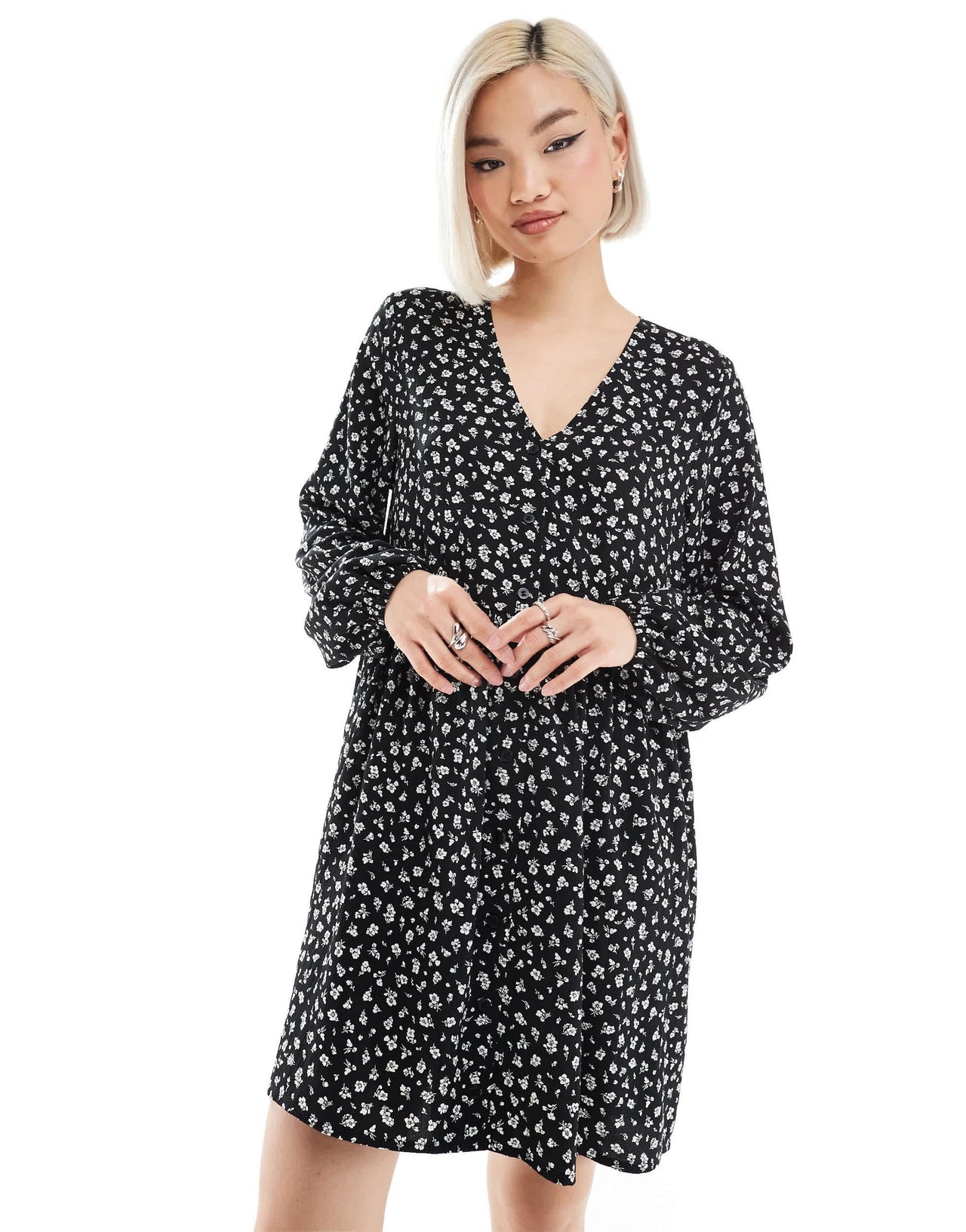 Monki button through mini dress in mono ditsy print