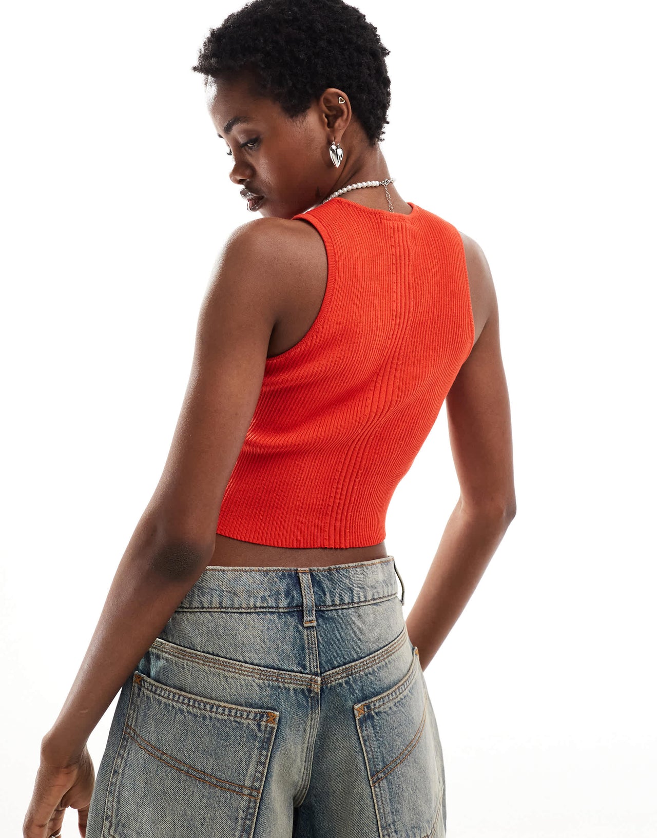 Monki cropped rib detail knitted vest in red