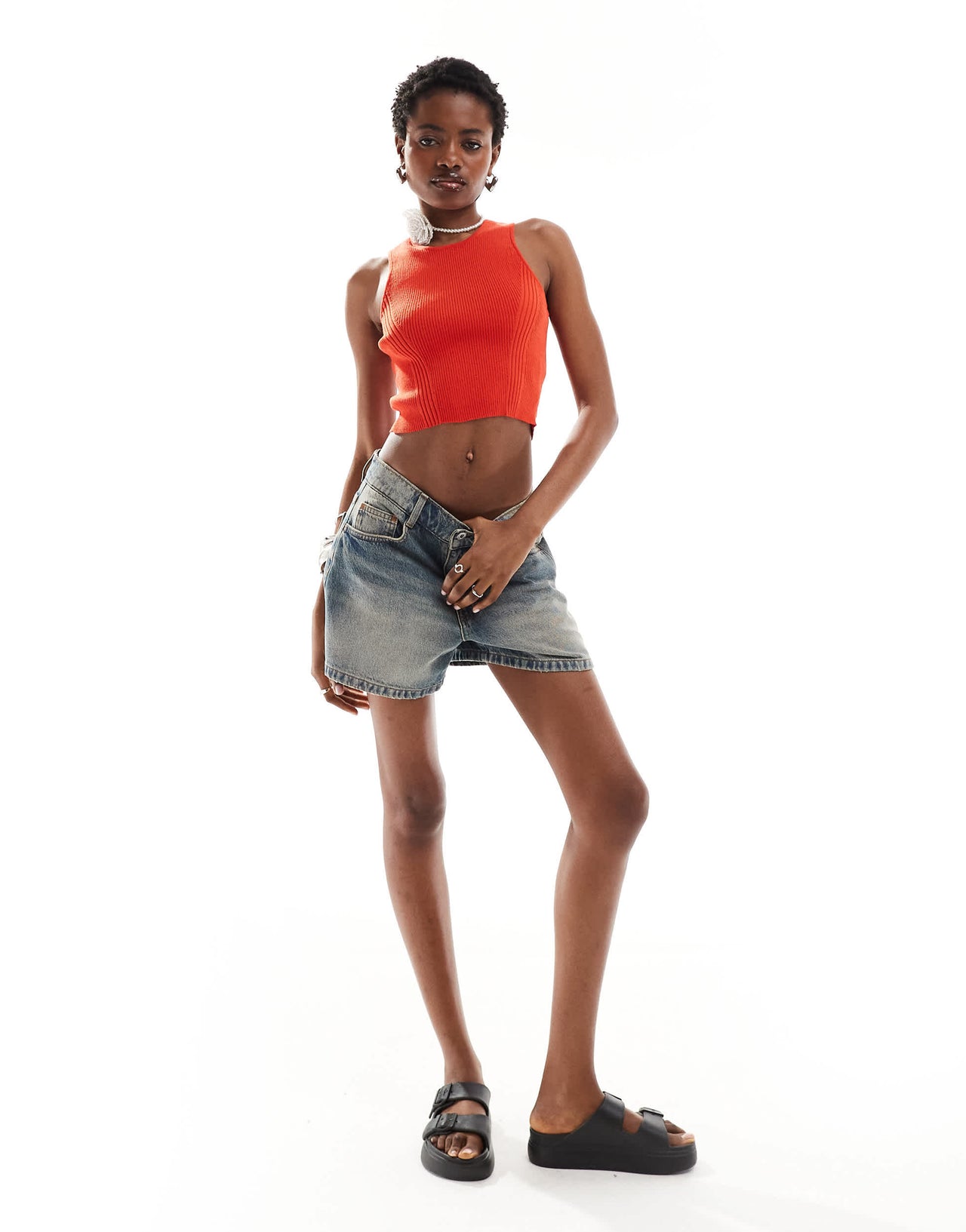 Monki cropped rib detail knitted vest in red