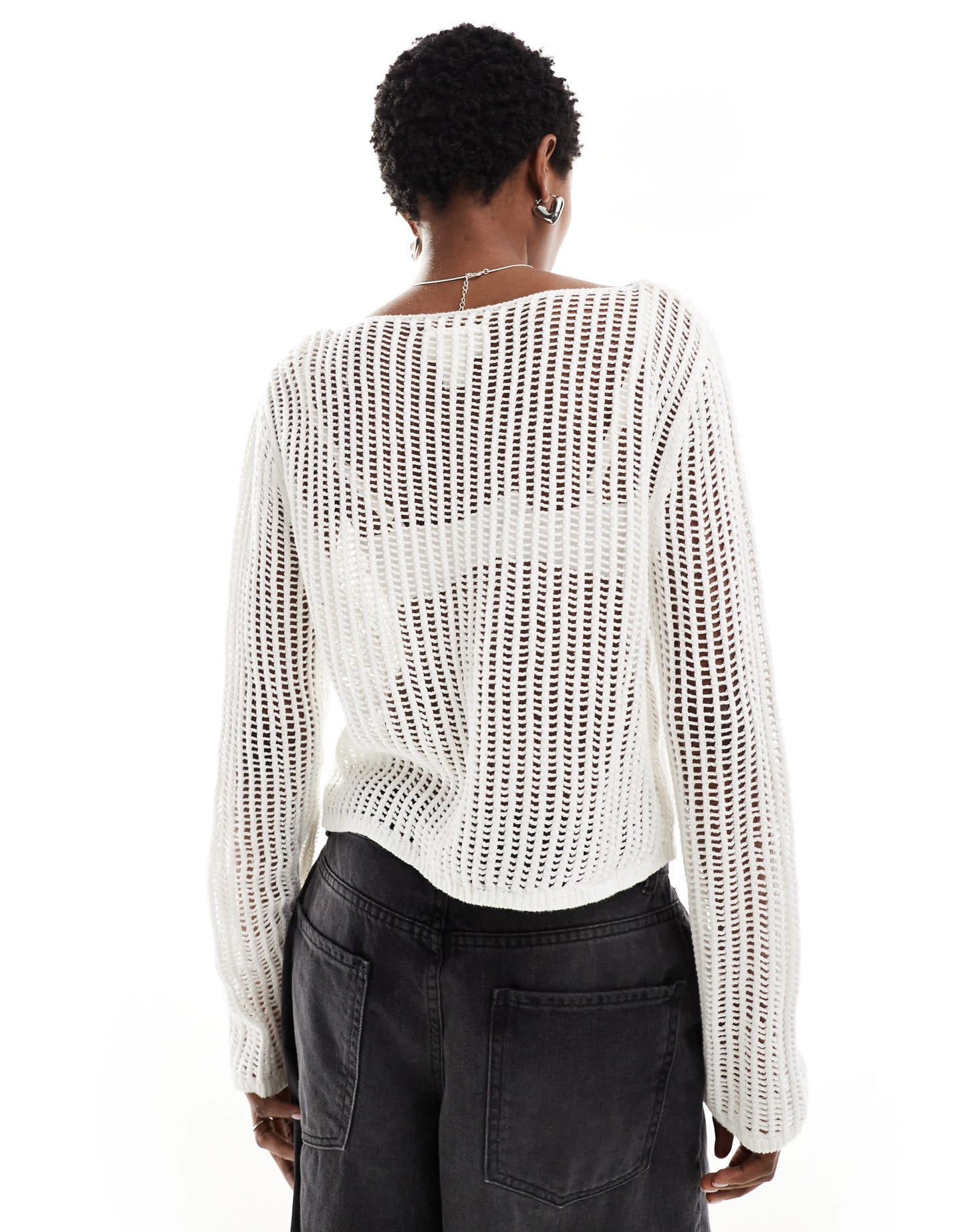 Monki long sleeve crochet top with rose detail in white