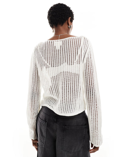 Monki long sleeve crochet top with rose detail in white