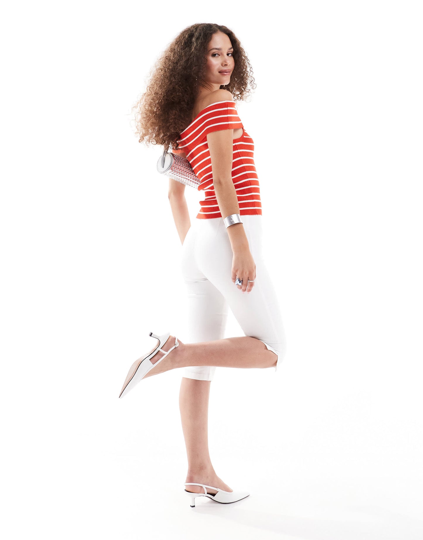 Monki ribbed knitted off the shoulder bardot top in red and white stripe