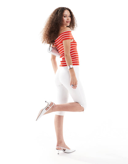 Monki ribbed knitted off the shoulder bardot top in red and white stripe