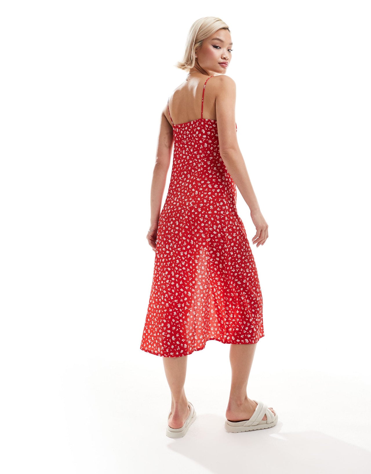 Monki strappy midi dress with split in red ditsy print