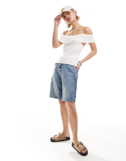 Monki rib knit off shoulder foldover in white