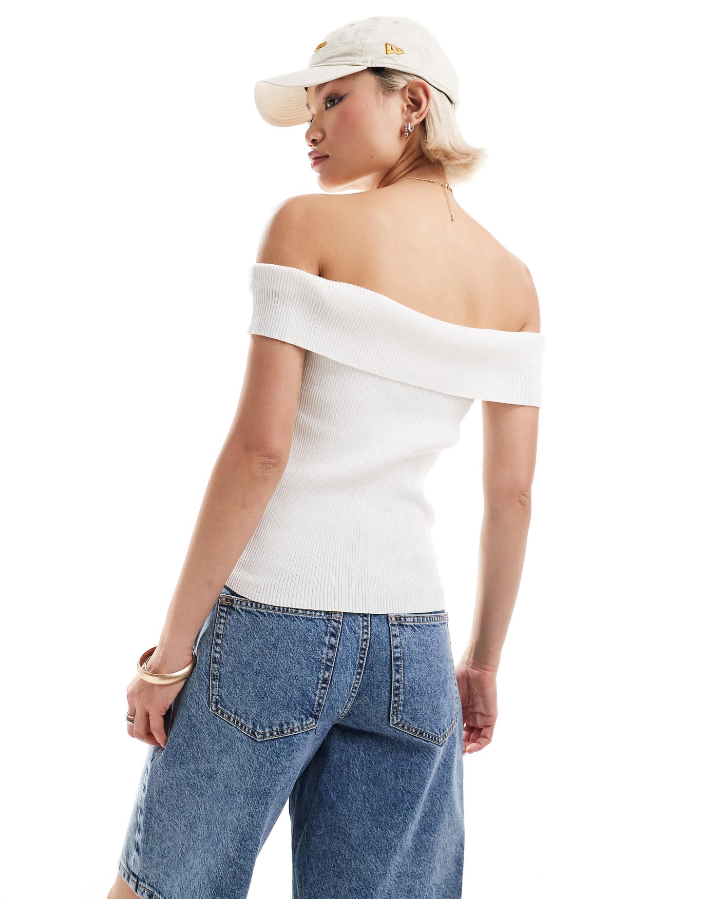 Monki rib knit off shoulder foldover in white