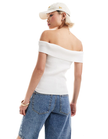 Monki rib knit off shoulder foldover in white