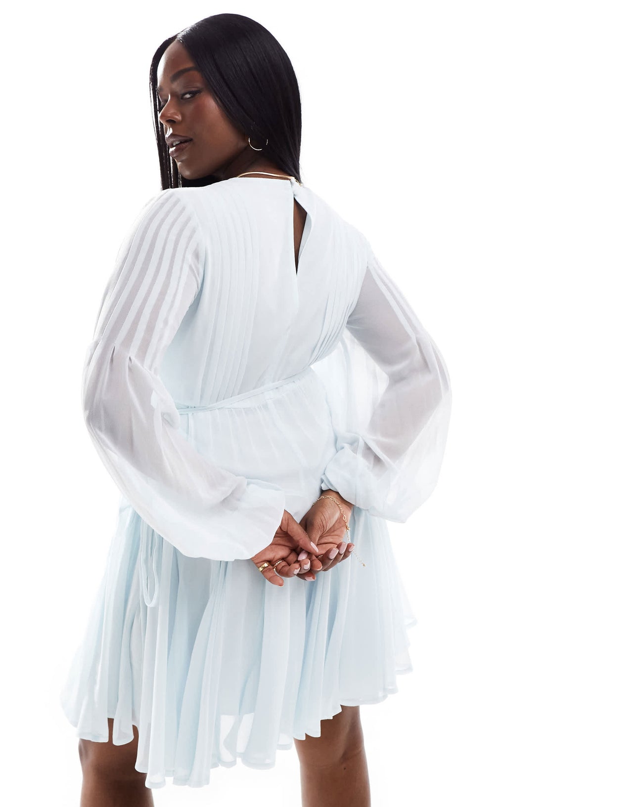 ASOS DESIGN Curve wrap balloon sleeve mini dress with tie waist detail in ice blue