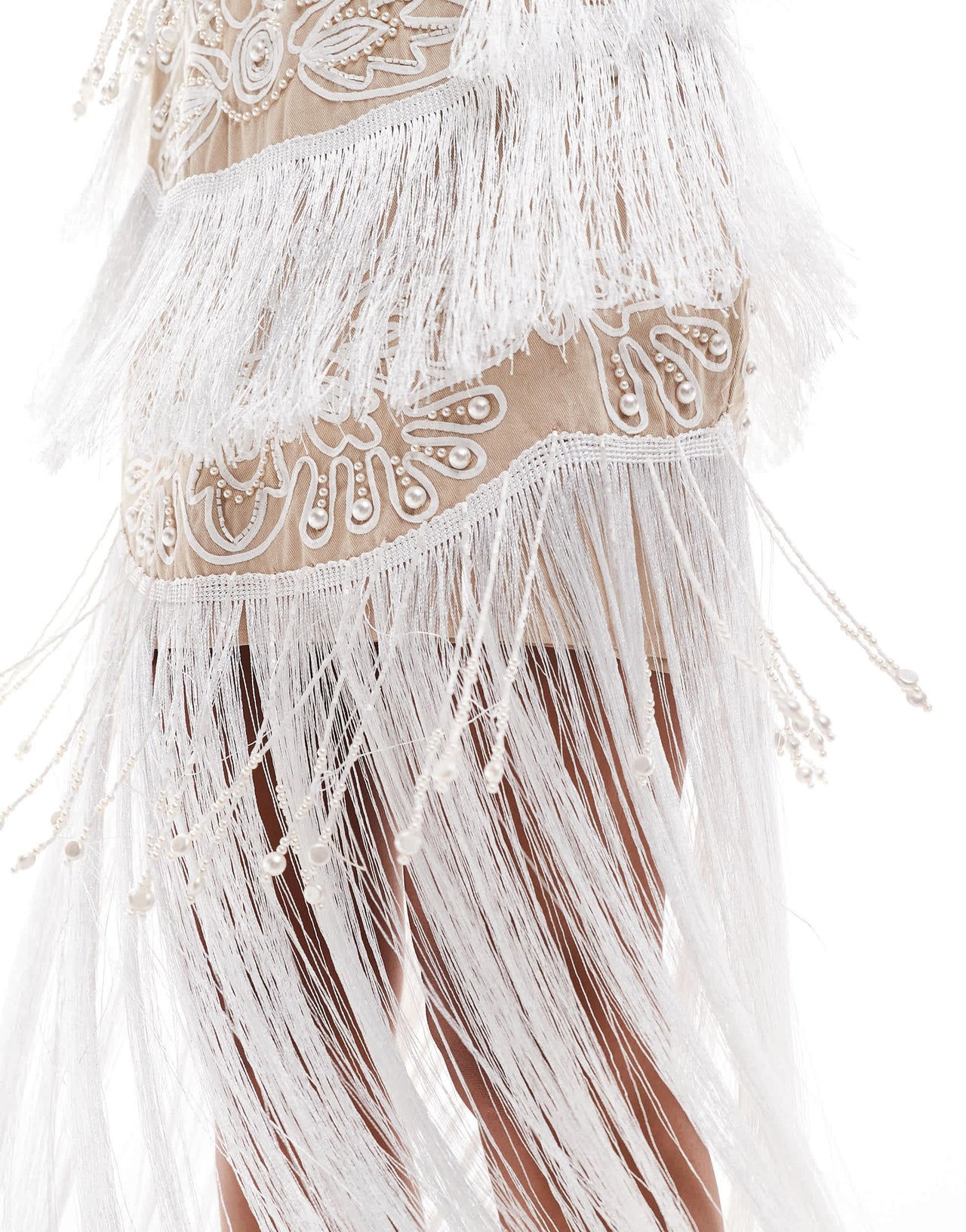 ASOS DESIGN cupped embellished cut out maxi dress with fringing in stone