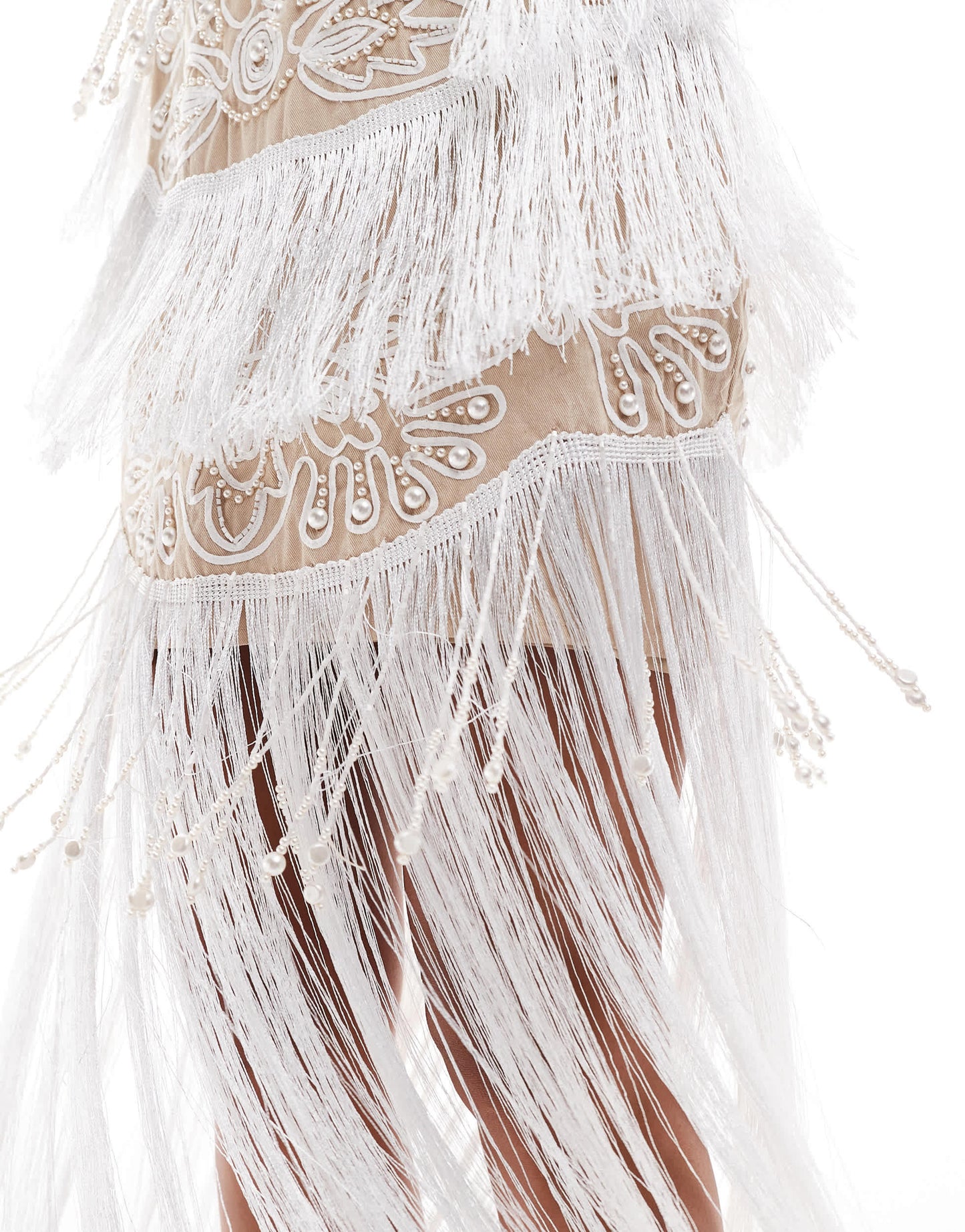 ASOS DESIGN cupped embellished cut out maxi dress with fringing in stone