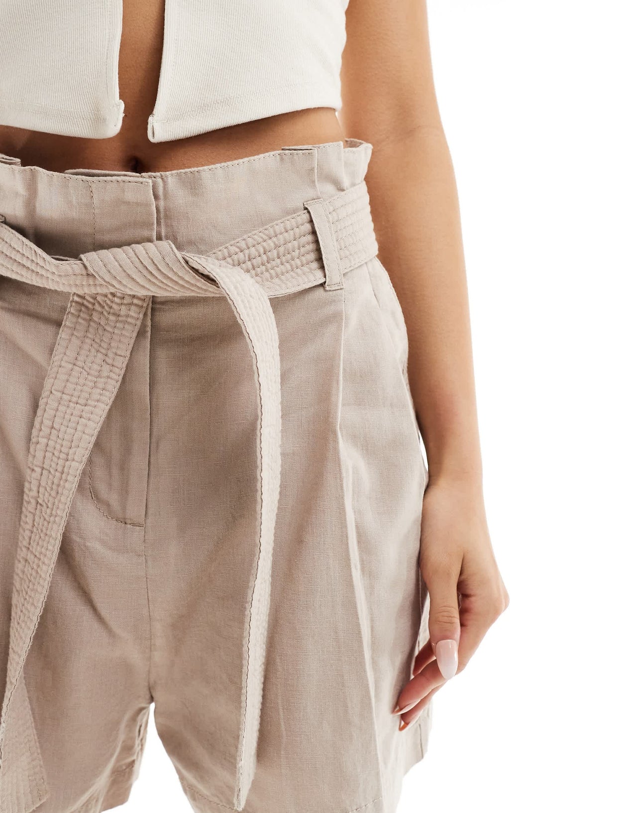 & Other Stories linen high waist belted shorts in brown
