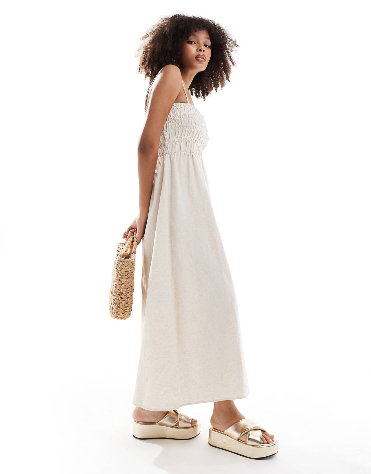 Rhythm classic shirred midi dress in oat