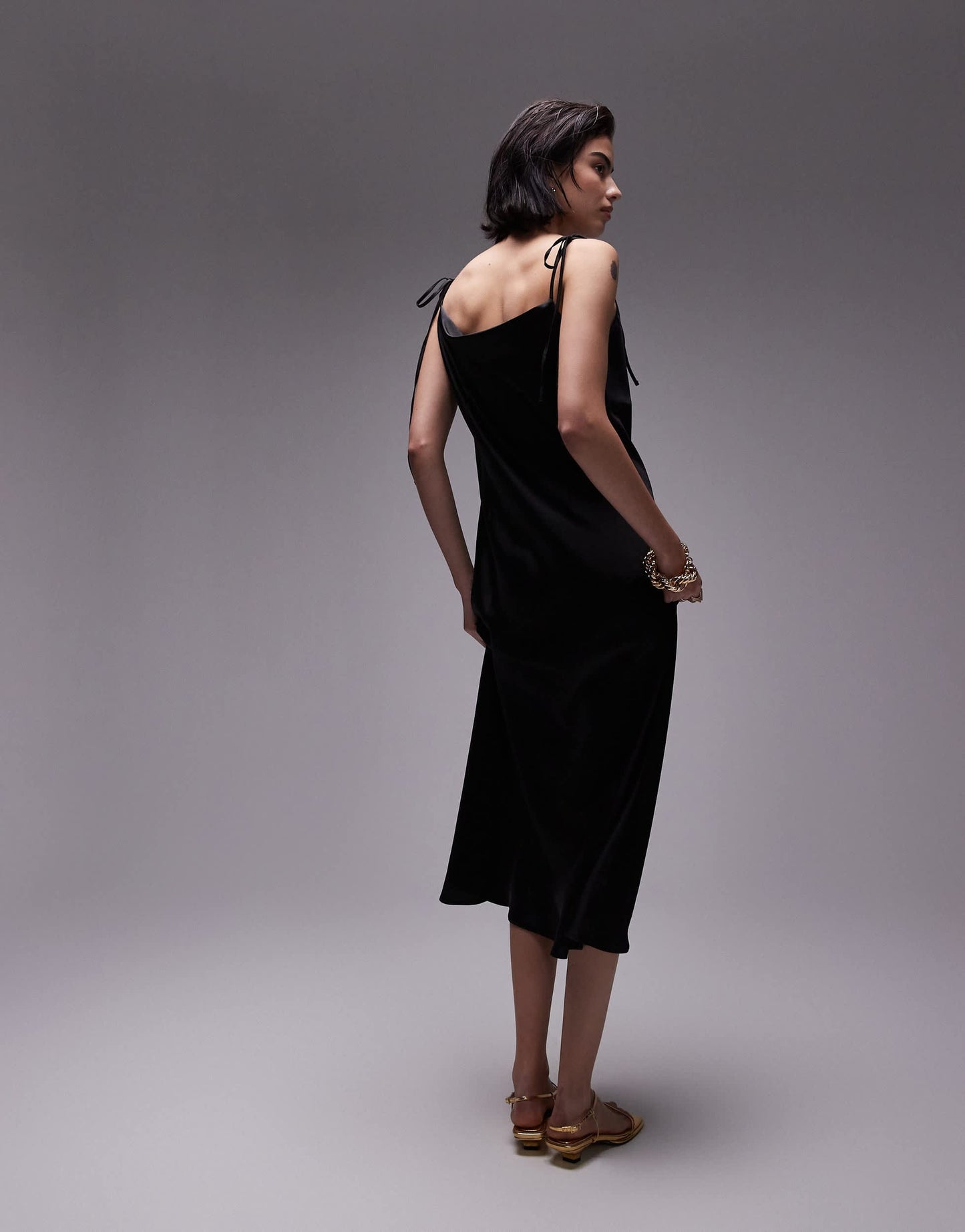 Topshop cowl neck tie shoulder midi slip dress in black