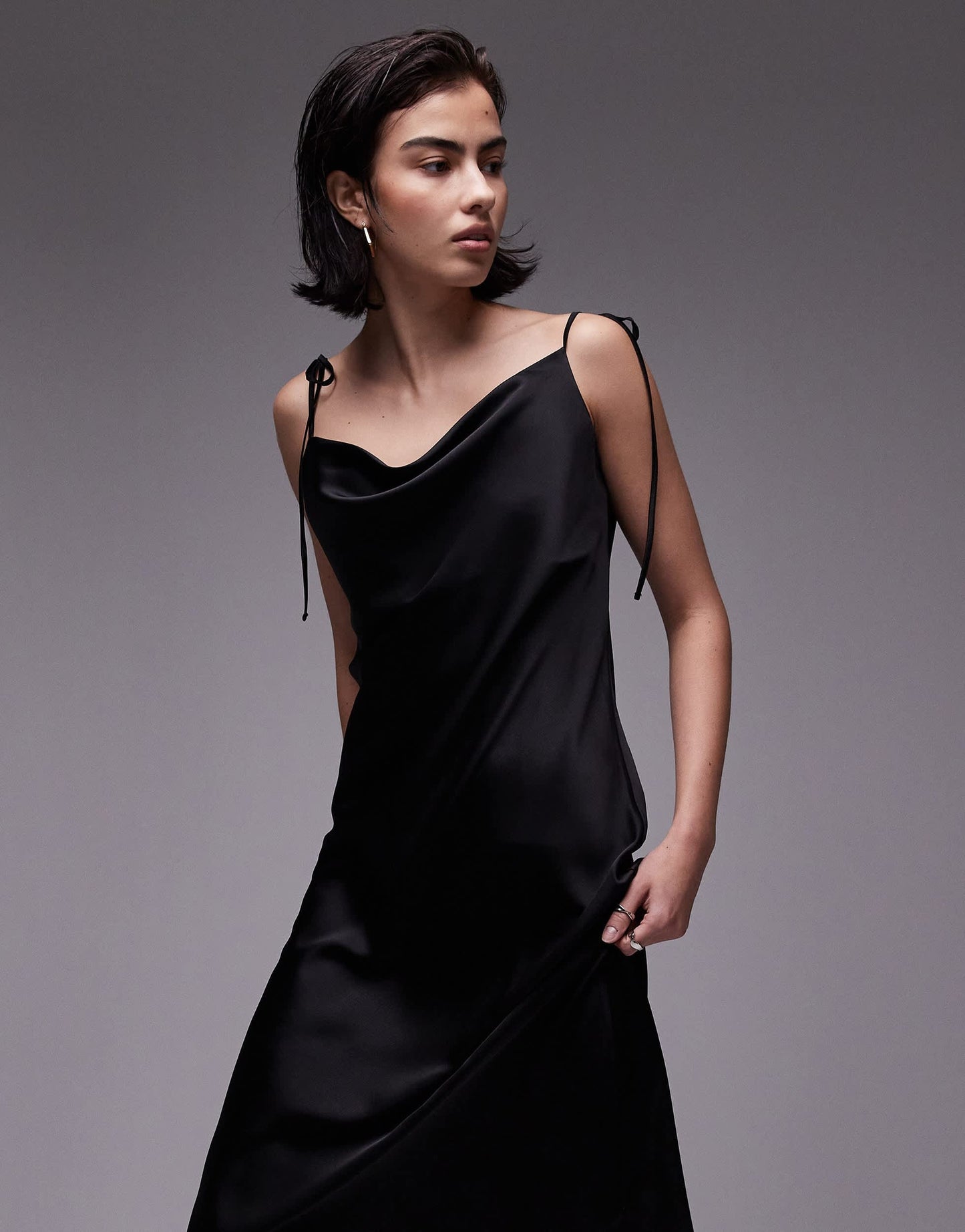 Topshop cowl neck tie shoulder midi slip dress in black