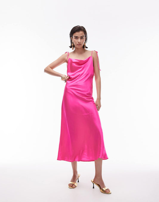 Topshop cowl neck tie shoulder midi slip dress in fuschia
