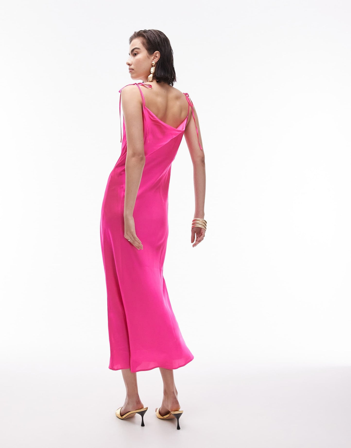 Topshop cowl neck tie shoulder midi slip dress in fuschia