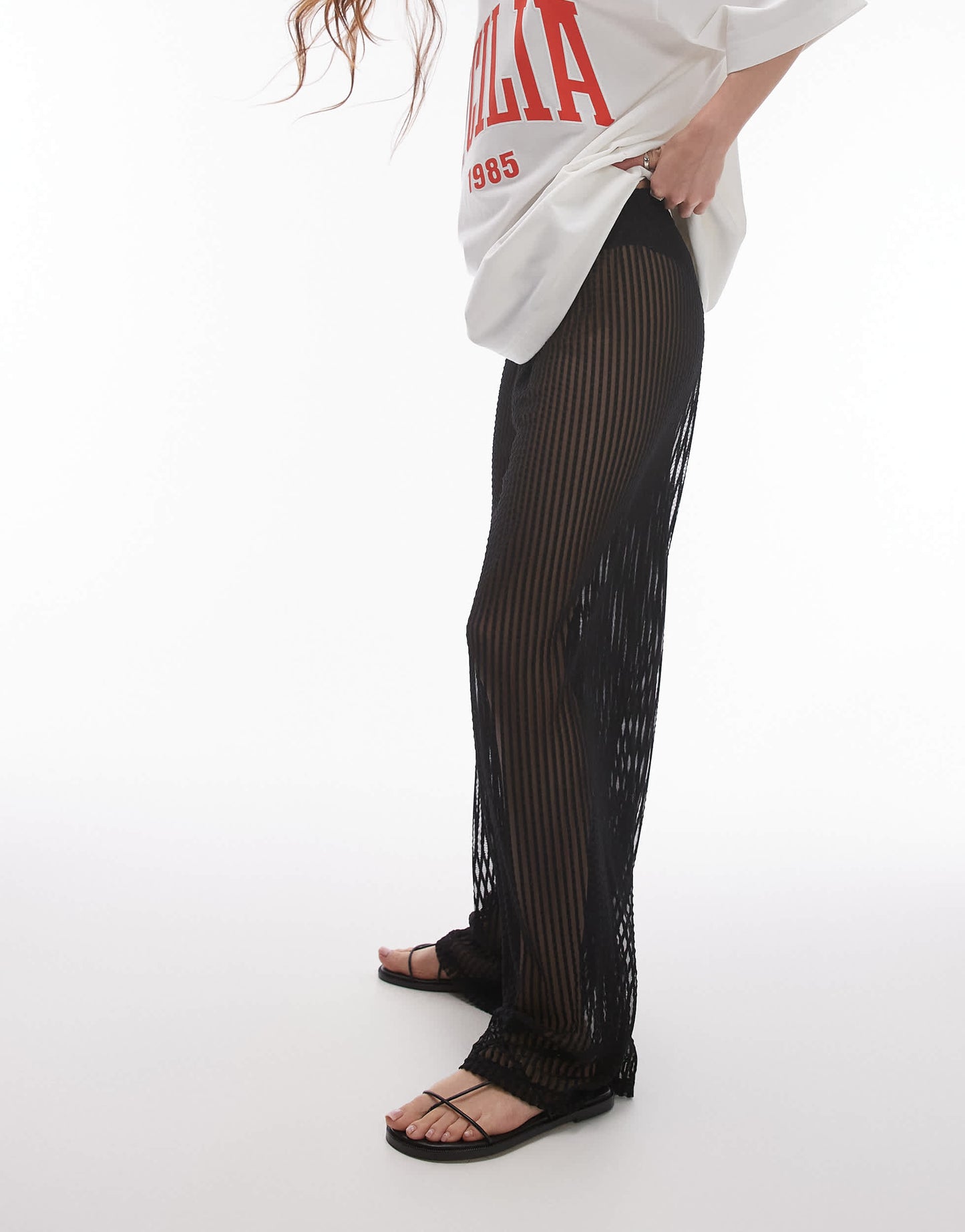 Topshop sheer stripe trouser in black