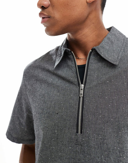 Weekday Dejan co-ord relaxed fit short sleeve polo zip shirt in black and white