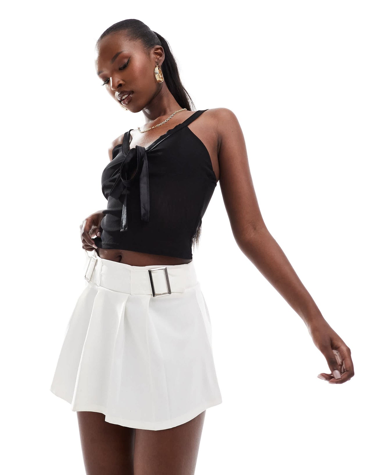 Kaiia exclusive satin trim mesh tie front cami top in black