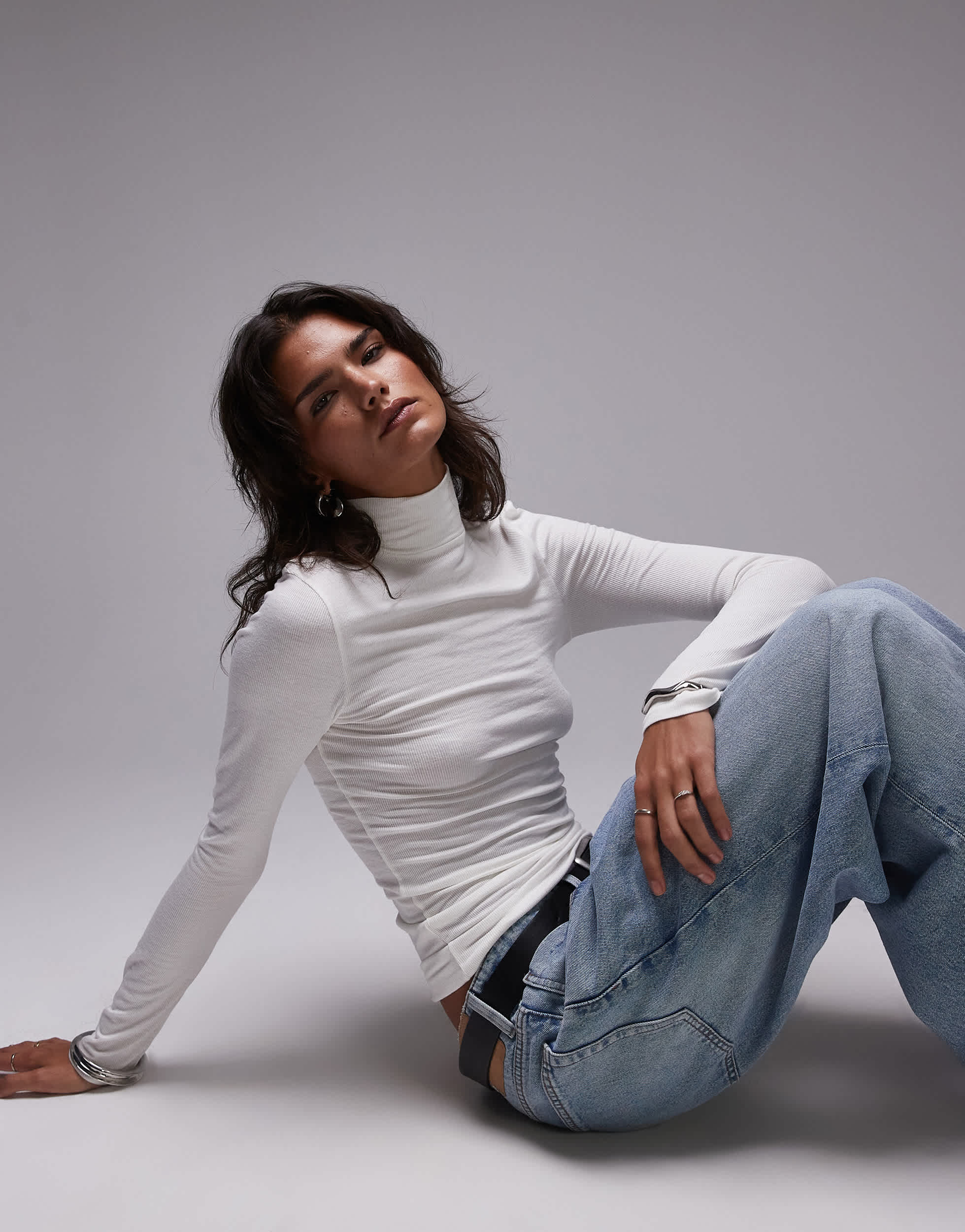 Topshop premium rib long sleeve funnel neck top in ecru
