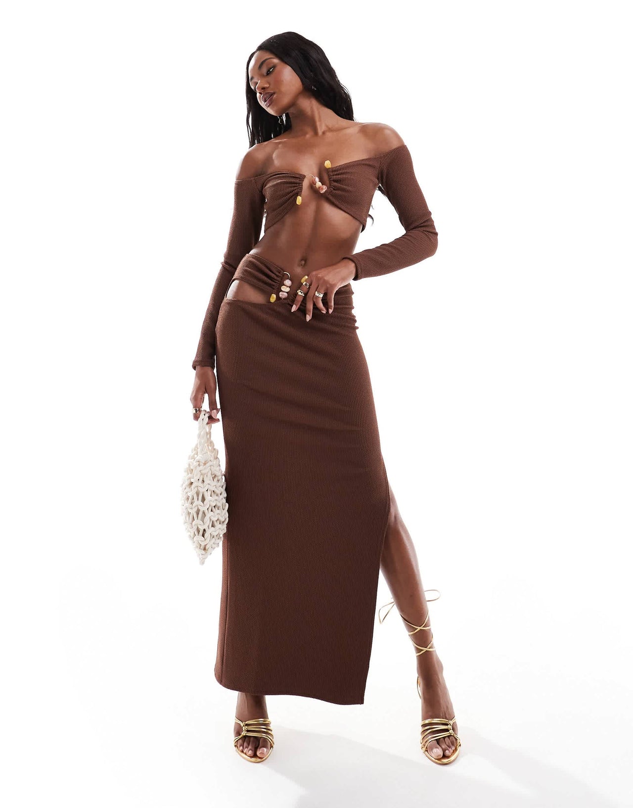 ASOS DESIGN co-ord trim detail bardot crop top in chocolate