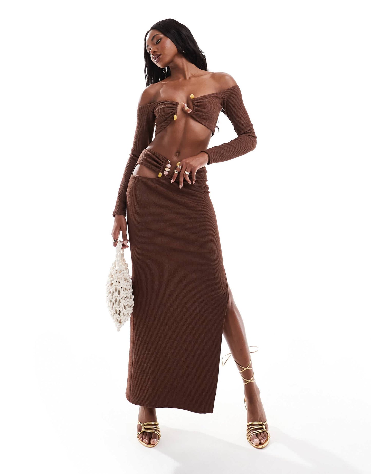ASOS DESIGN co-ord trim detail bardot crop top in chocolate