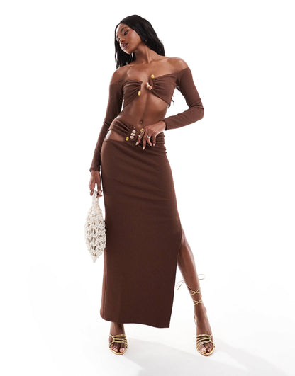 ASOS DESIGN co-ord trim detail bardot crop top in chocolate