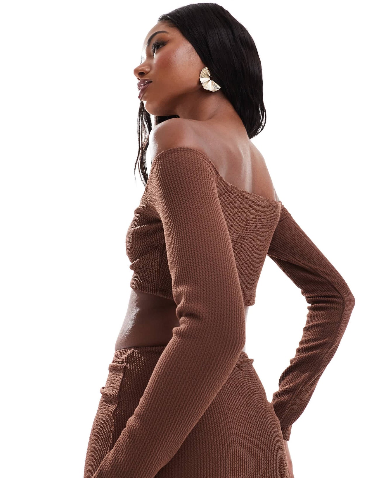 ASOS DESIGN co-ord trim detail bardot crop top in chocolate