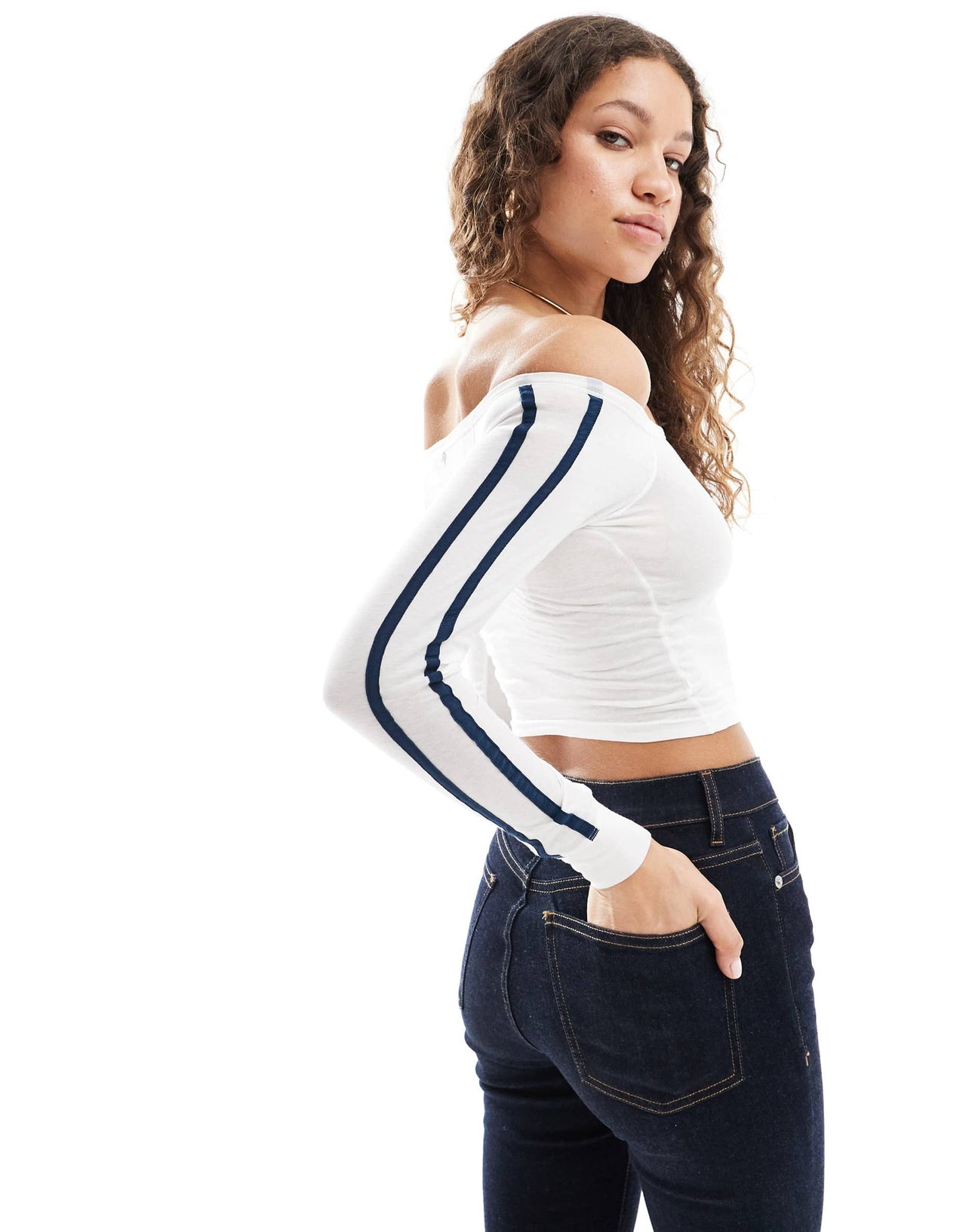 Motel gavya stripe sleeve off shoulder top in white