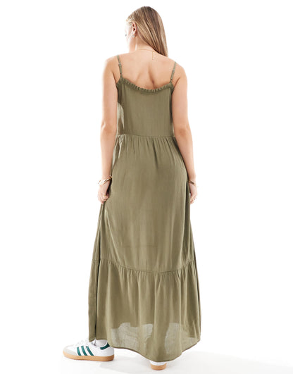 Miss Selfridge cheesecloth tiered maxi sundress in khaki